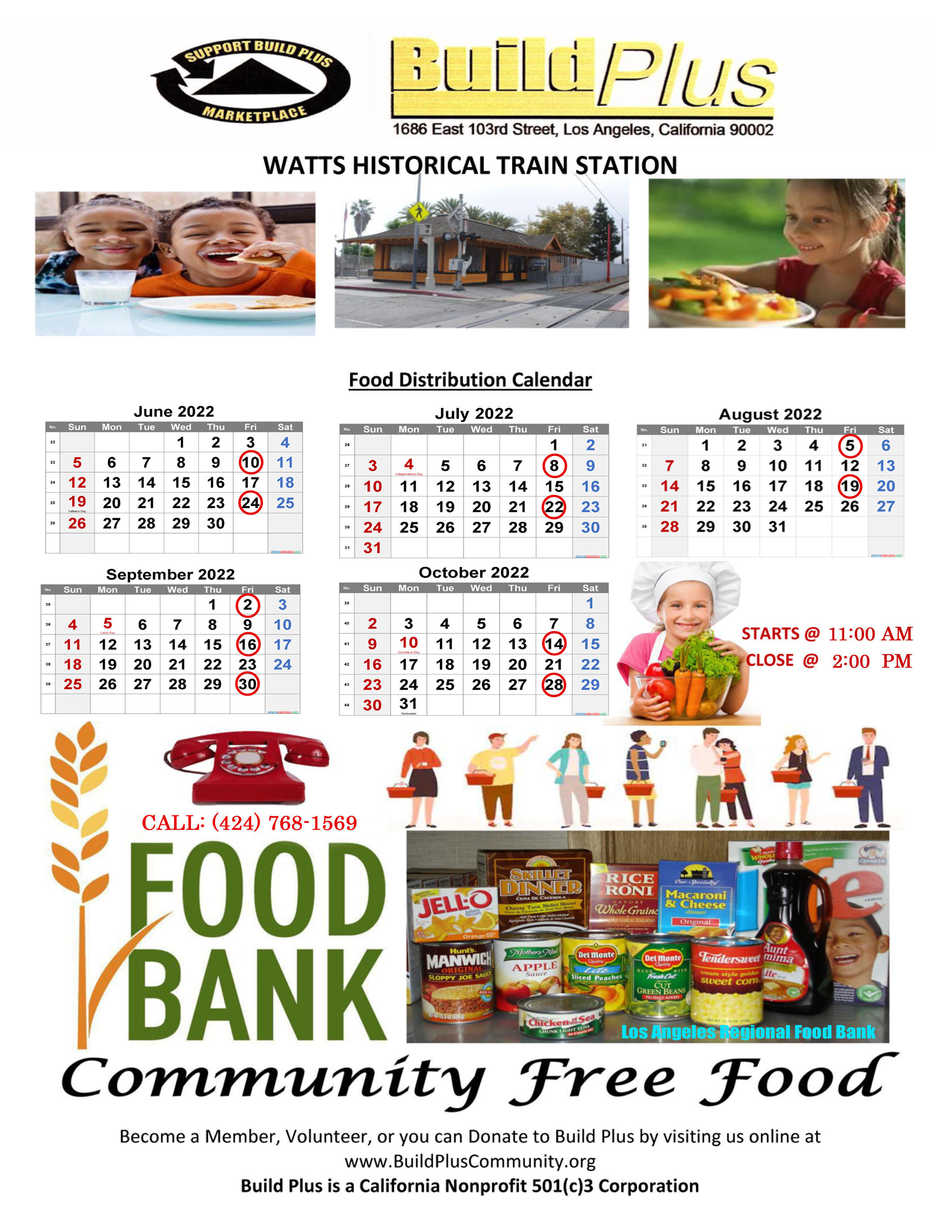 Build Plus food bank food distribution calendar for the city of watts